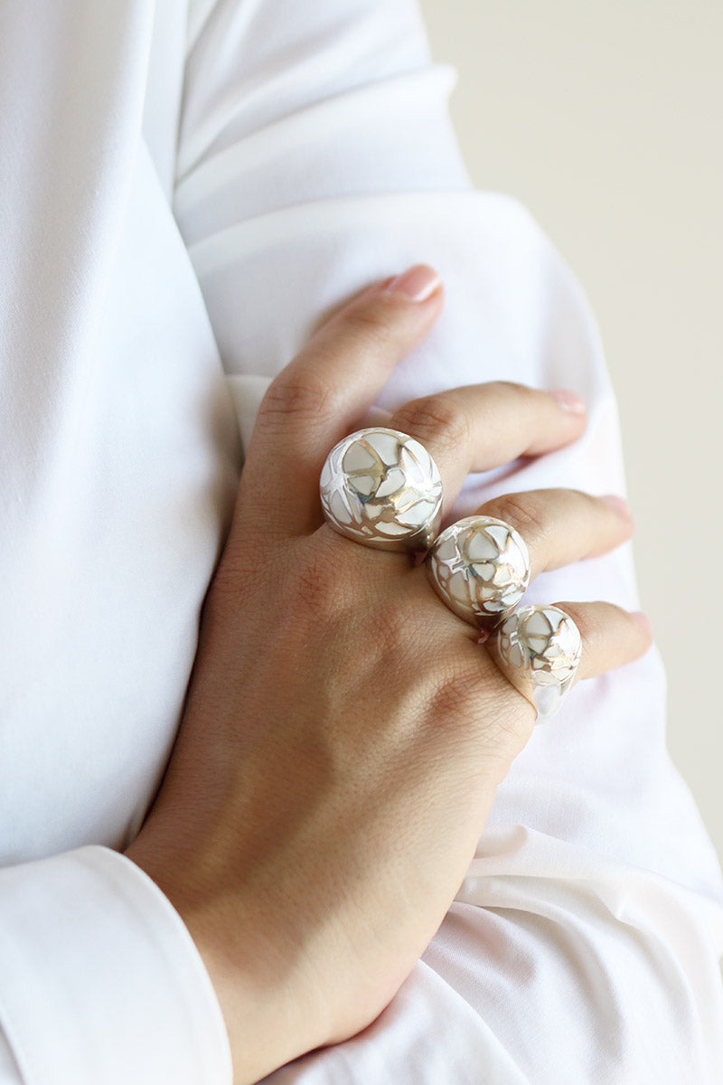 adjustable silver enamel ring handmade Beirut caramel collection on woman hand all sizes