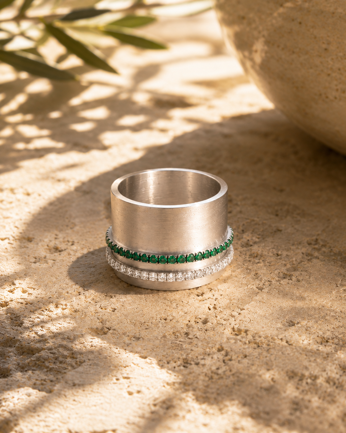 18K white gold rings with emerald  and white diamonds, second skin collection water element and the classic one on hands with qanun instrument- Cynthia Raffoul