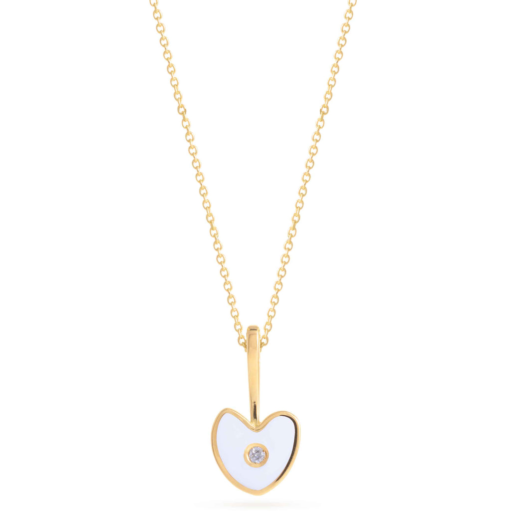 gold necklace with white diamonds and white enamel